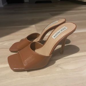 Open Toe Brown patent Mules